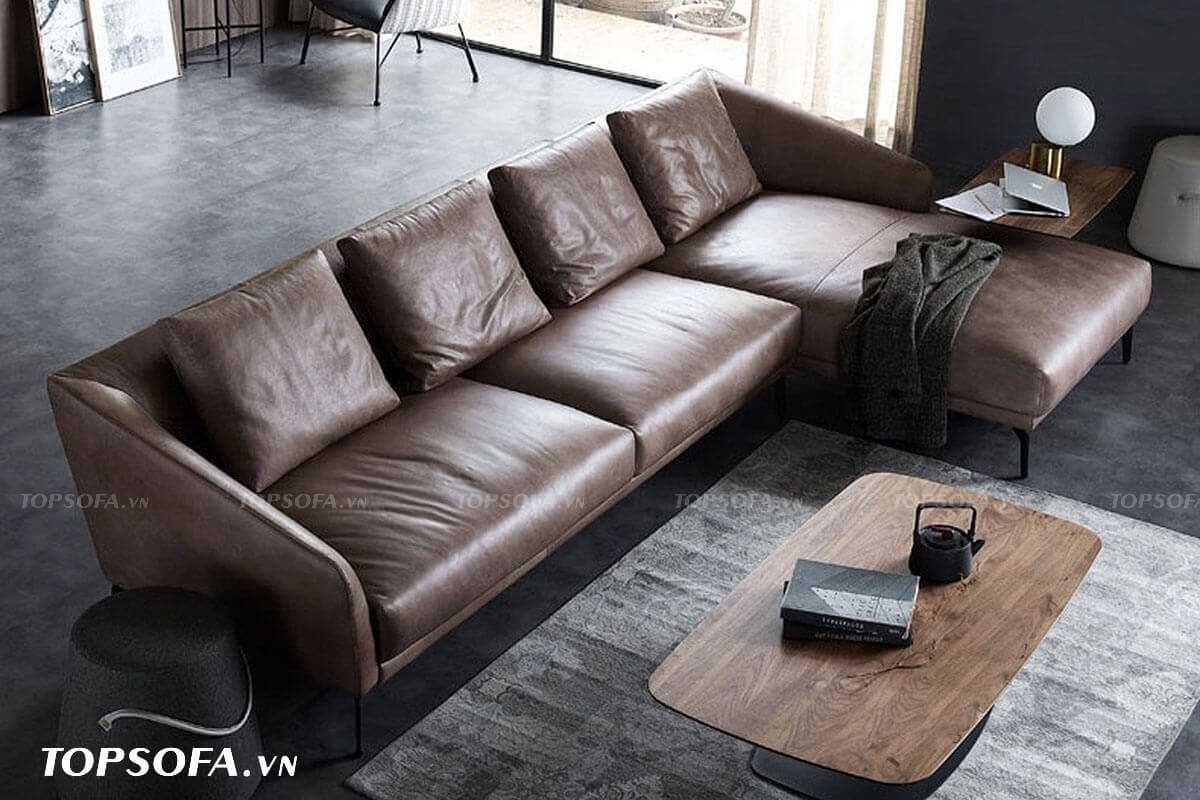 Da công nghiệp Hàn Quốc có vẻ ngoài bắt mắt giúp sofa góc L nhỏ da công nghiệp tôn thêm nét sang trọng, hiện đại cho sản phẩm chẳng kém cạnh da thật. 