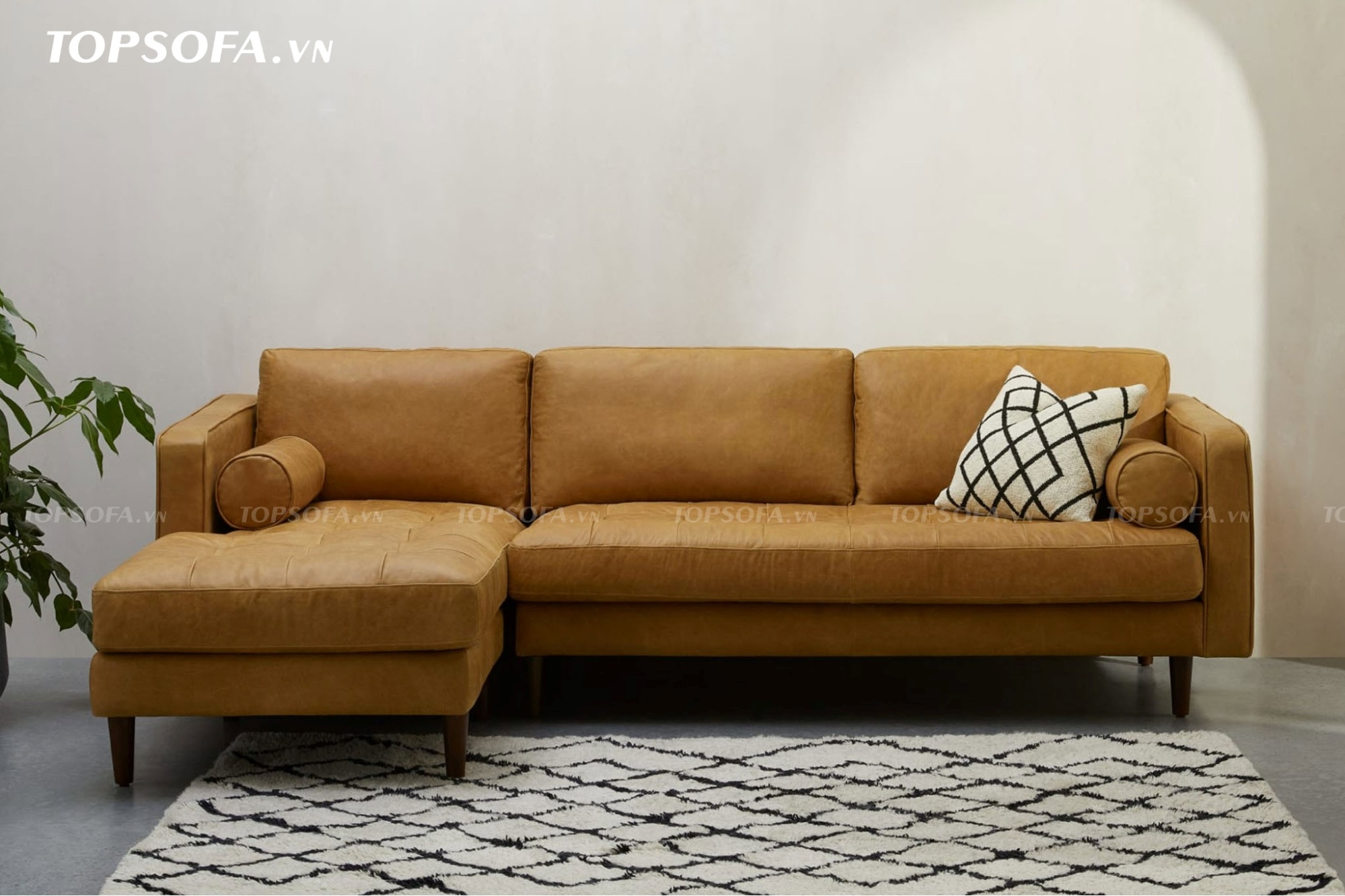 Sofa góc da TS222 thiết kế chân gỗ