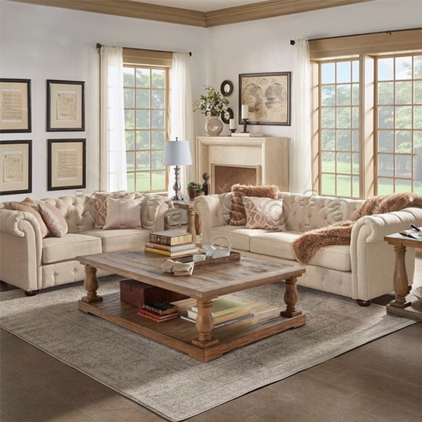 Sofa trắng kết hợp nội thất gỗ đem lại không gian vừa hiện đại vừa cổ điển