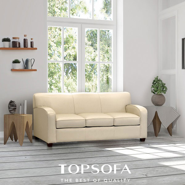 Mẫu sofa văng da trắng kem không quá sáng nên khá dễ phối đồ trong phòng