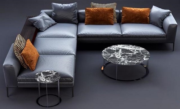 Bộ sofa da công nghiệp Nhật bản có thiết kế đơn giản kiểu dáng chữ L rộng rãi. Gam màu xanh ngọc bắt mắt làm cho không gian phòng khách thêm phần sang trọng.