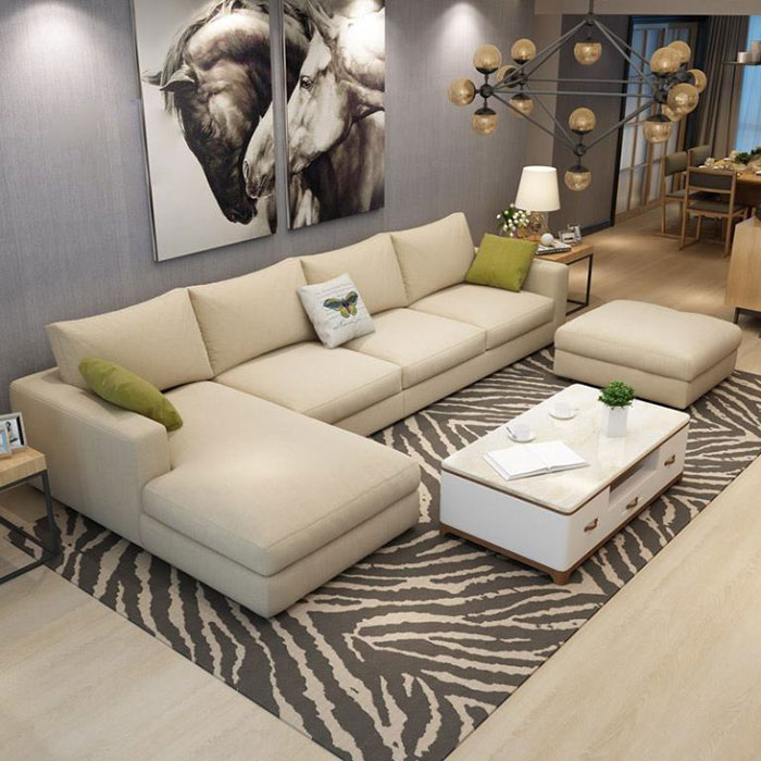 Bộ bàn ghế sofa góc vải cao cấp thiết kế đơn giản giúp không gian thêm rộng và tạo cảm giác thư thái mỗi khi về nhà