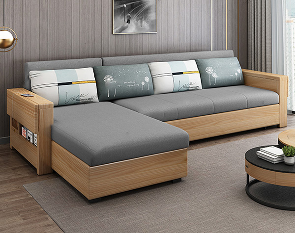 Khung sofa góc giường được làm từ gỗ tự nhiên vững chắc tạo cho căn phòng thêm trang nhã và không kém phần sang trọng