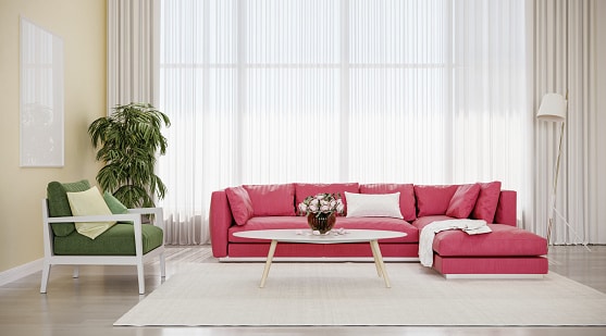 Mẫu sofa màu đỏ hồng mang đến không gian phòng nổi bật, hiện đại