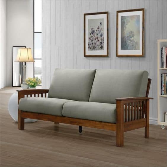 Kết hợp sofa văng gỗ 2 chỗ với đệm mút nỉ màu xám mang lại vẻ đẹp hiện đại, sang trọng cho căn phòng. 