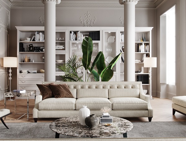 Nhiều người sẽ ái ngại việc chọn sofa  màu trắng cho phòng khách nhưng với mẫu sofa này, nỗi lo sẽ được xóa tan. Bởi chất liệu vải rất dễ giặt cộng thêm thiết kế chân cao ít bám bẩn mà phòng khách chung cư thường ít bụi bẩn