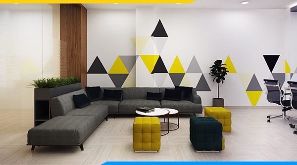 Sofa chữ V tiếp khách đơn giản màu ghi xám sang trọng và hết sức lịch sực đặt tại góc văn phòng giúp tiết kiện diện tích mà vẫn hài hòa với thiết kế tổng thể của căn phòng