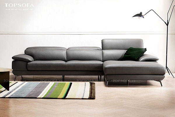 Sofa da TS221 sở hữu màu xám trầm tính mang lại vẻ đẹp sang trọng cho phòng khách hiện đại